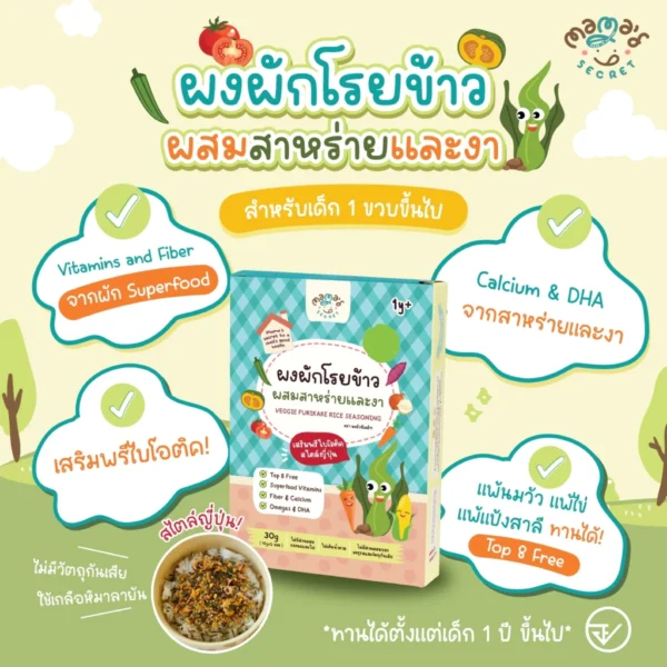 ซองใหญ่สุดคุ้ม (มีฮาลาล) ผงผักโรยข้าว ตัวช่วยเด็กไม่กินผัก เสริมDHA เสริมพรีไบโอติค และแคลเซียม ไม่มีนมและกลูเต็นฟรี